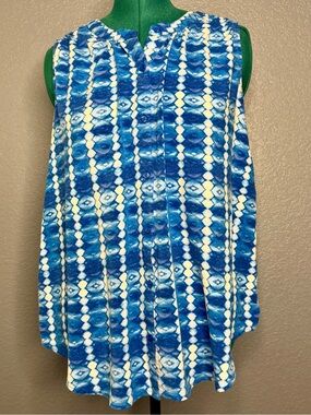 Indigo‎ Blue White Tie Dye Sleeveless Blouse Button Front Boho Top XL